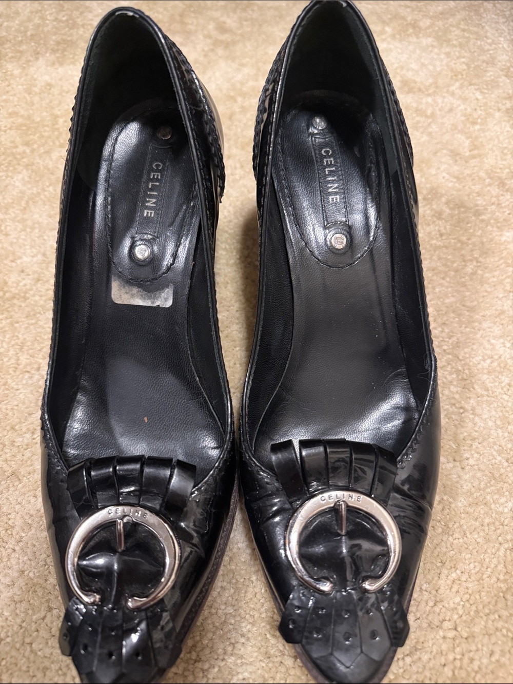 Celine Black Patent Leather Pointed Pumps with Silver Buckle